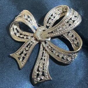 Vintage Womens Brooch Silver Color with Rhinestones Large Bow
